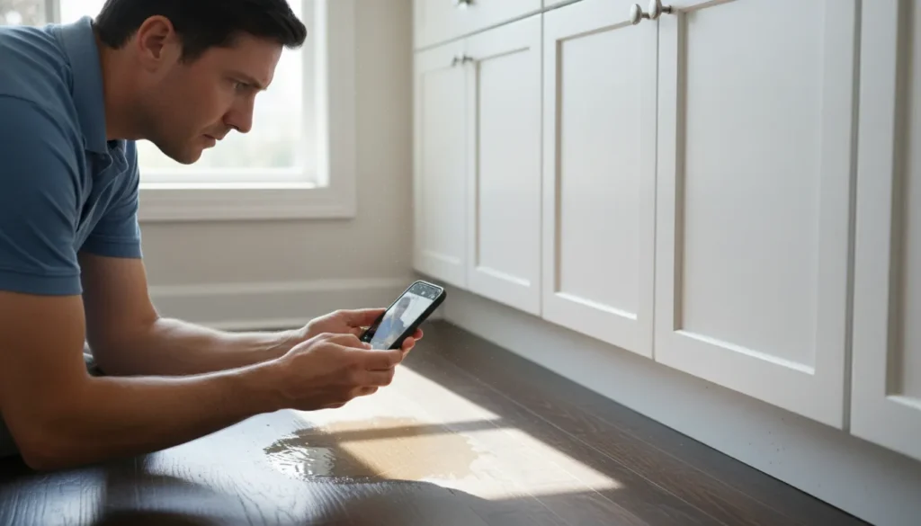 A homeowner holding a smartphone to photograph standing water