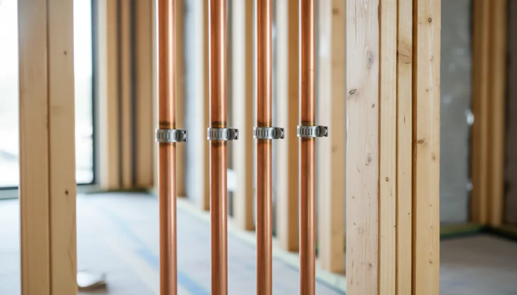 Day 2 of whole house copper repipe — new supply lines through wall framing