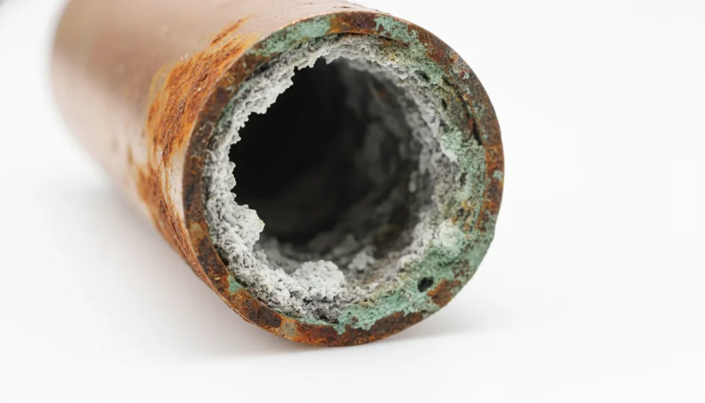 Hard water corrosion inside copper pipe — San Diego high TDS water damage