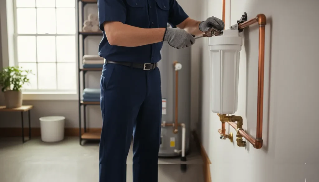 Licensed plumber installing a whole house water filter on the main water line in a San Diego home