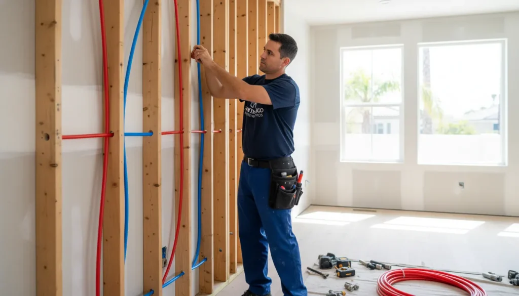 PEX pipe installation during whole house repipe in San Diego home