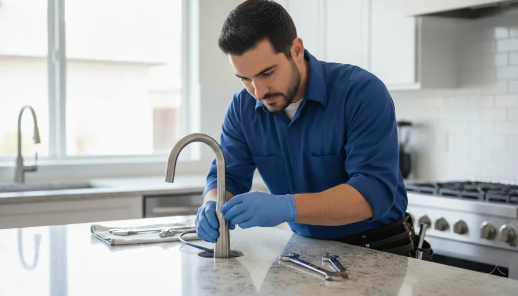 Plumber installing reverse osmosis faucet in San Diego home