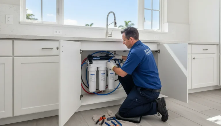 Plumber installing reverse osmosis system under kitchen sink in San Diego home