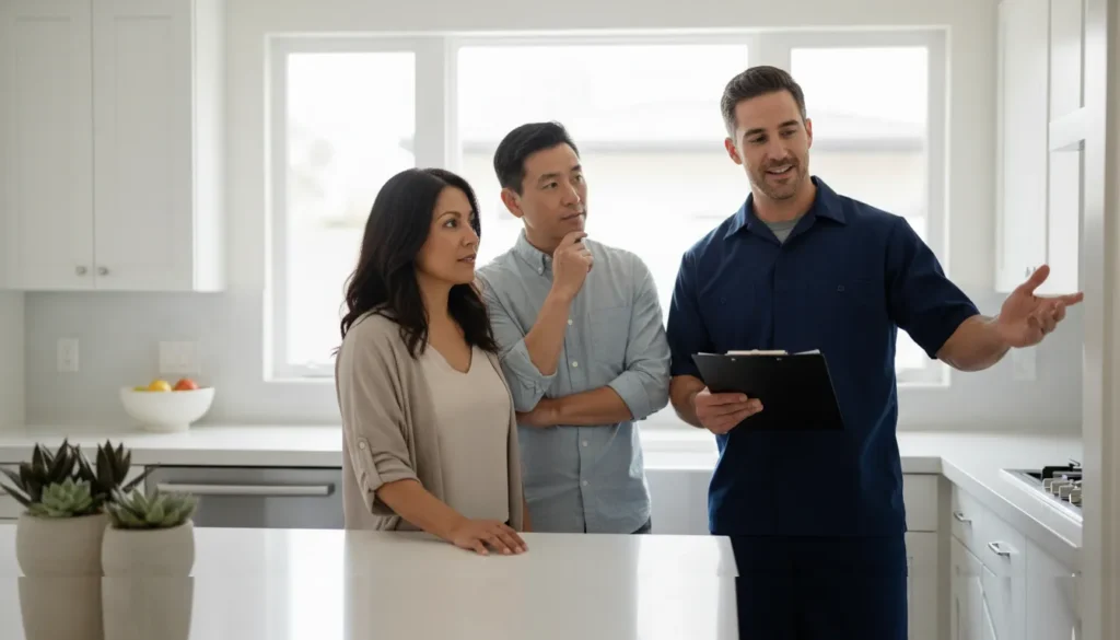 Repipe Home Hero licensed plumber discussing whole house water filtration options with a San Diego homeowner