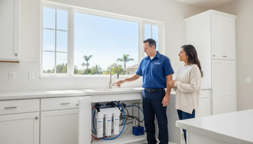 Repipe Home Hero plumber explaining water filtration system options to San Diego homeowner