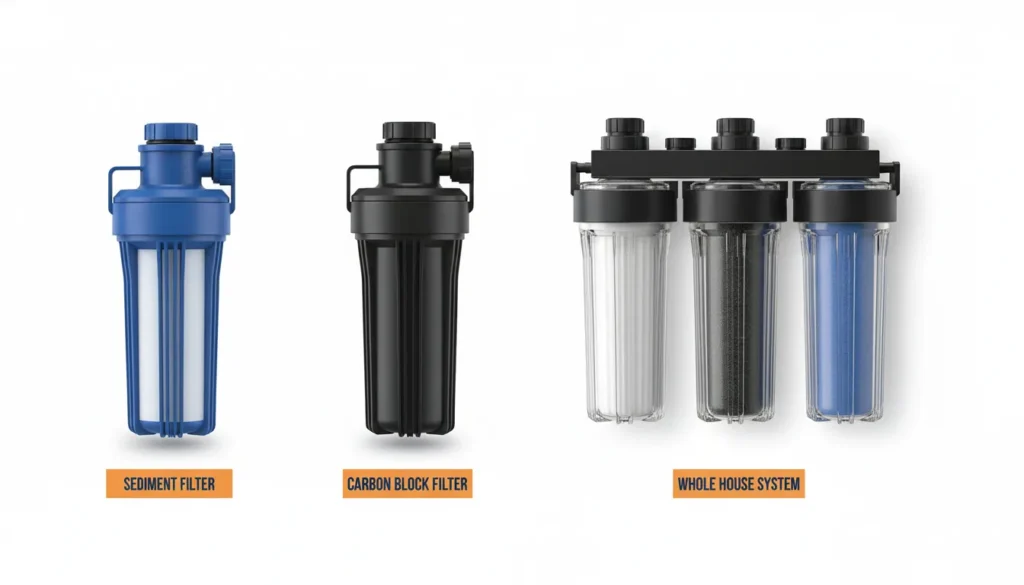 Side-by-side comparison of sediment filter, carbon block filter, and multi-stage whole house water filtration systems