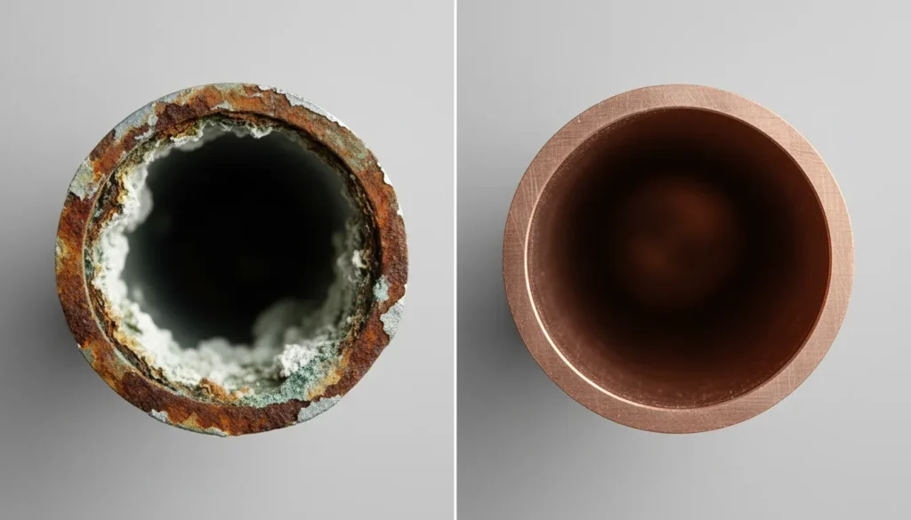 Split-view close-up showing two pipe cross-sections side by side