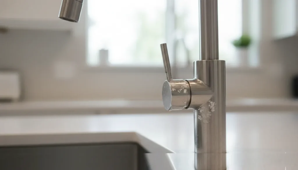 White mineral scale buildup on a kitchen faucet caused by San Diego hard water