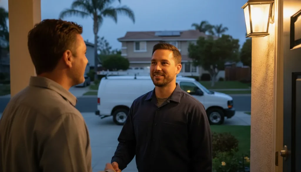 licensed Repipe Home Hero plumber in a navy uniform arriving at the front door of a San Diego home