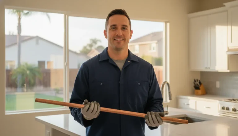 licensed plumber in a clean navy blue uniform holding a length of copper pipe