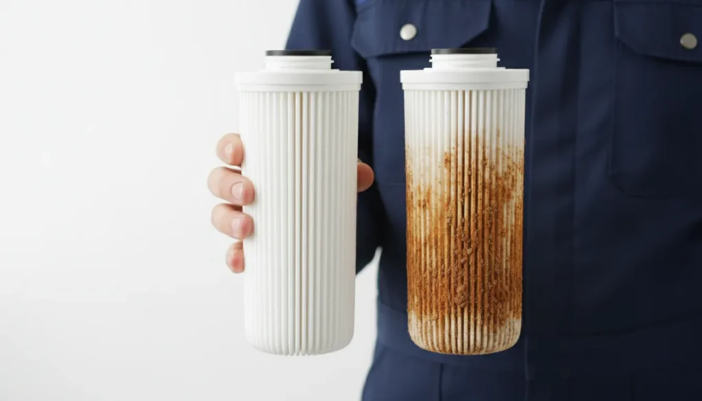 plumber in navy work clothes holding a used sediment filter cartridge