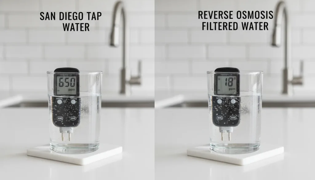 split comparison image left side shows a TDS meter reading 650 ppm