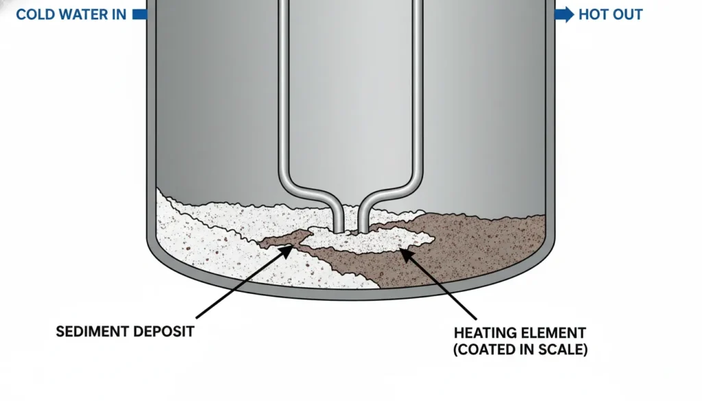 water heater tank bottom showing visible scale and sediment layer