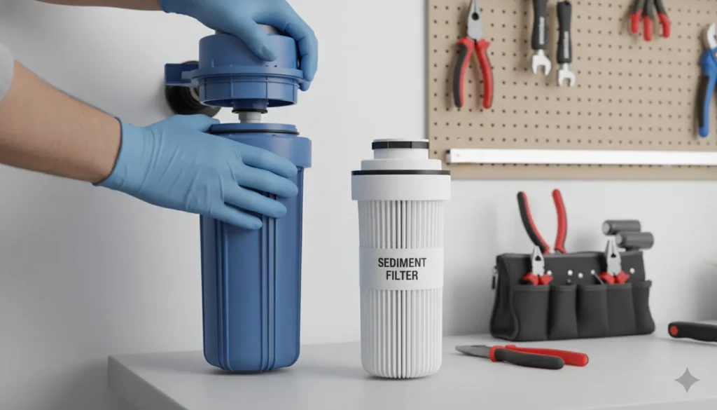 Homeowner replacing whole house water filter cartridge as part of regular maintenance in San Diego