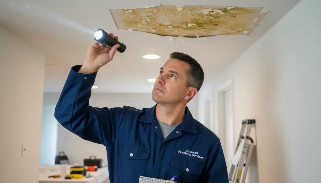 Licensed San Diego plumber inspecting water-damaged drywall after a plumbing emergency