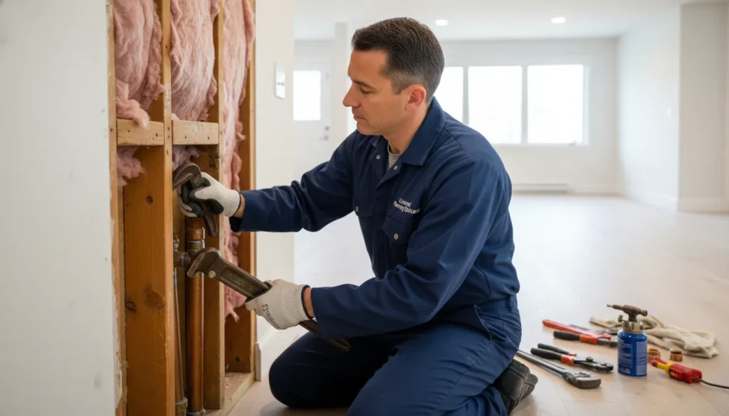 Licensed San Diego plumber performing burst pipe repair inside a residential wall
