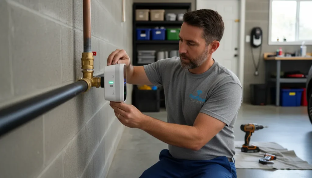 Licensed plumber installing Moen Flo Smart Water Monitor on main water line in San Diego home