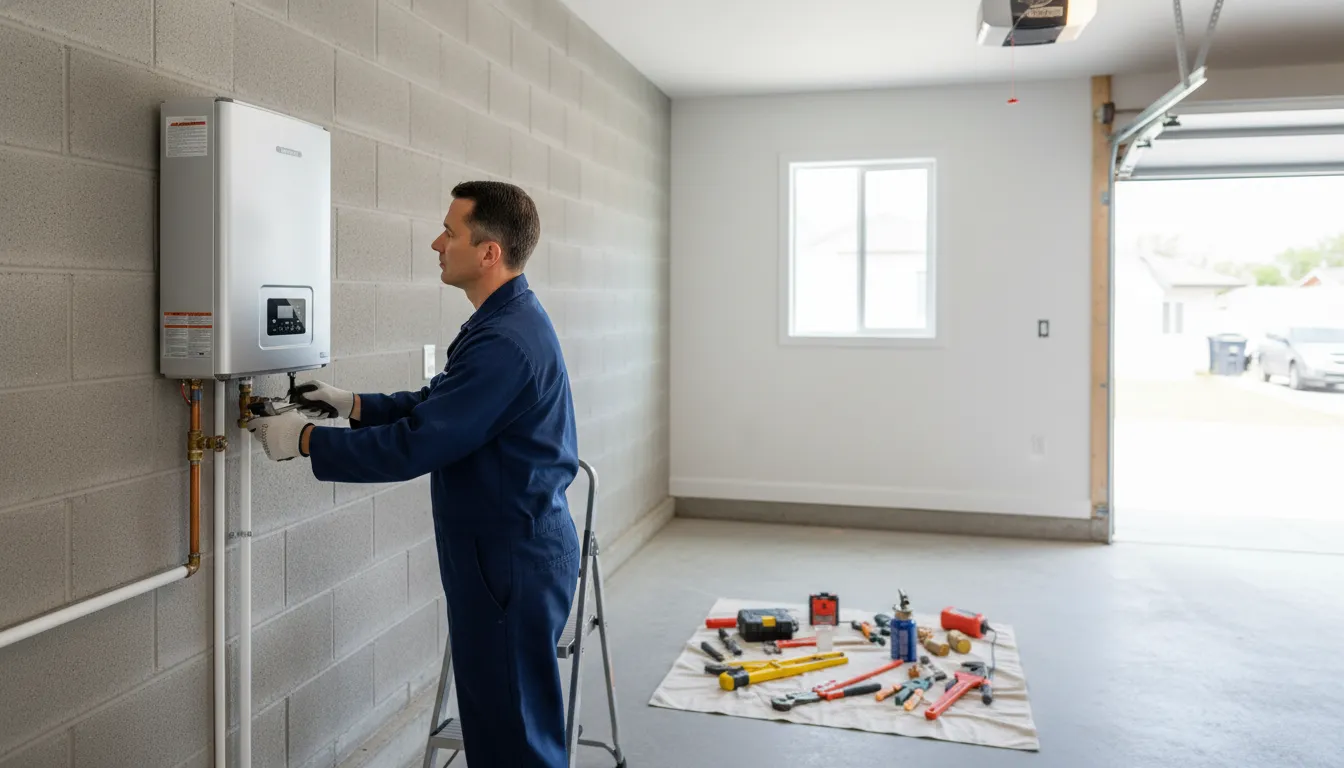 Plumber installing a new water heater in a Scripps Ranch home