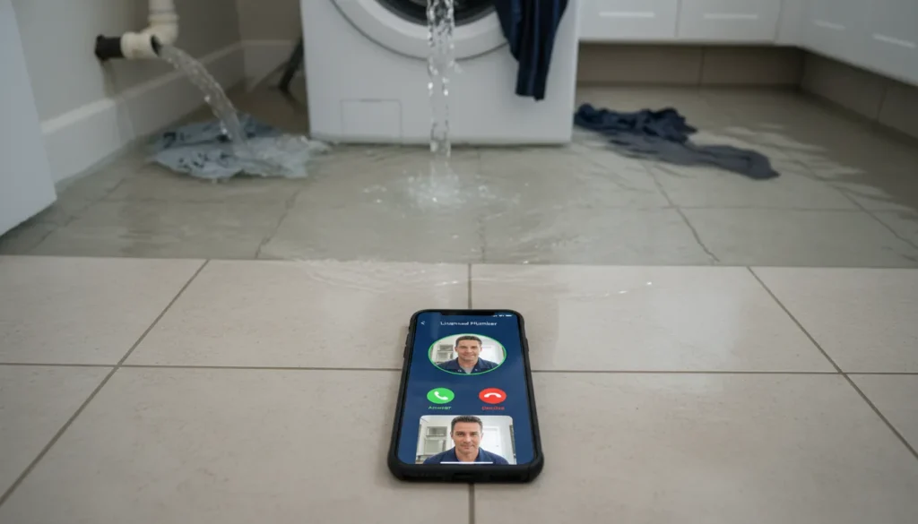 San Diego homeowner calling an emergency plumber while water pools on the laundry room floor