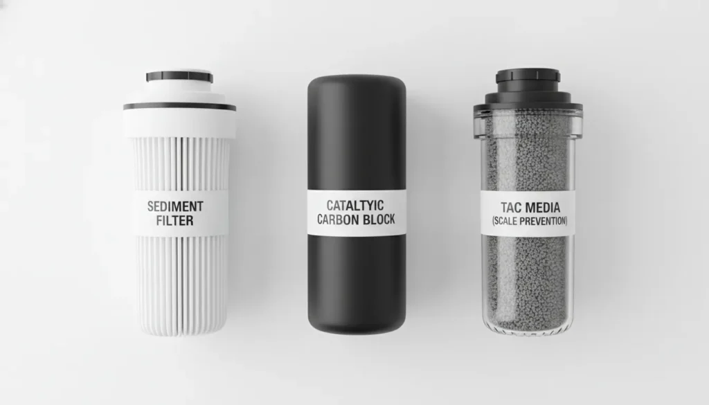 Three types of whole house water filter cartridges used for San Diego water treatment