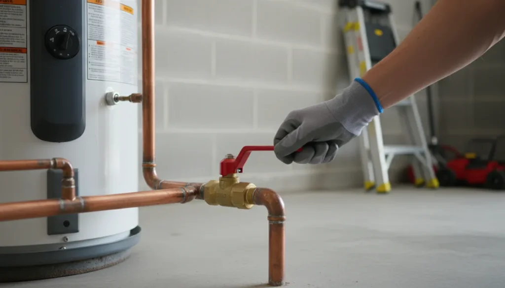 Turning off the main water shut-off valve in a San Diego home garage during a pipe burst emergency