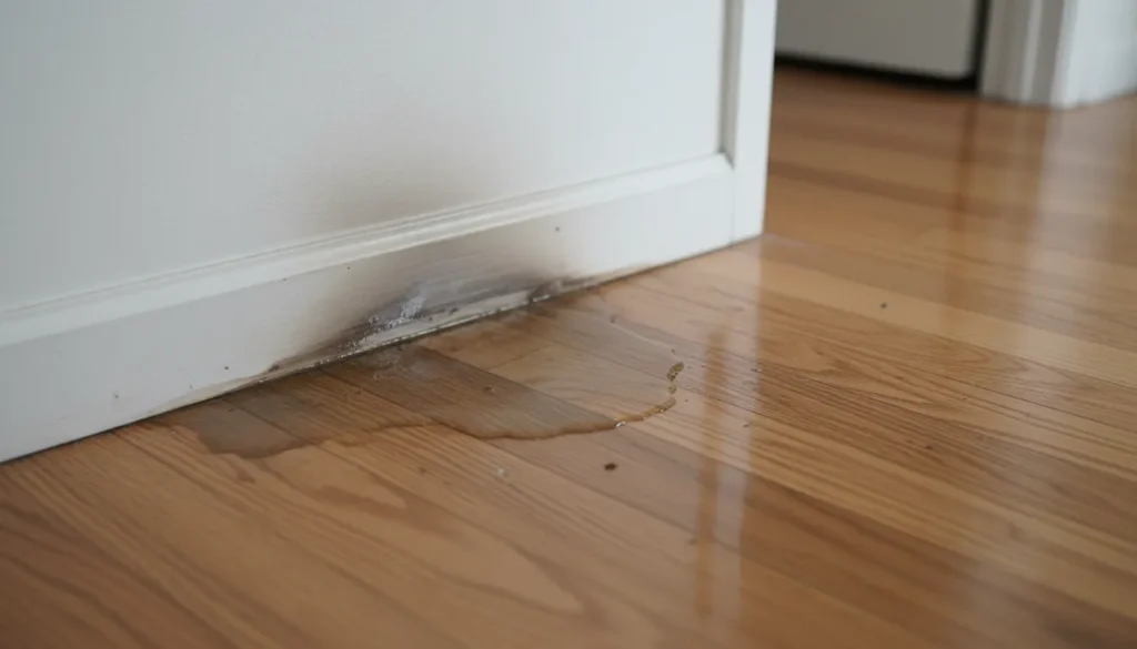 Water damage on hardwood floor from a burst pipe in a San Diego residence