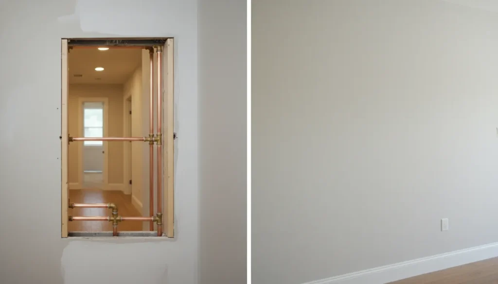 Before and after drywall patch after whole house repipe in La Jolla home showing seamless repair