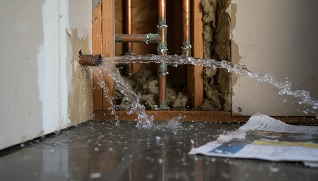 Burst pipe in San Diego home requiring emergency pipe repair or whole house repipe assessment