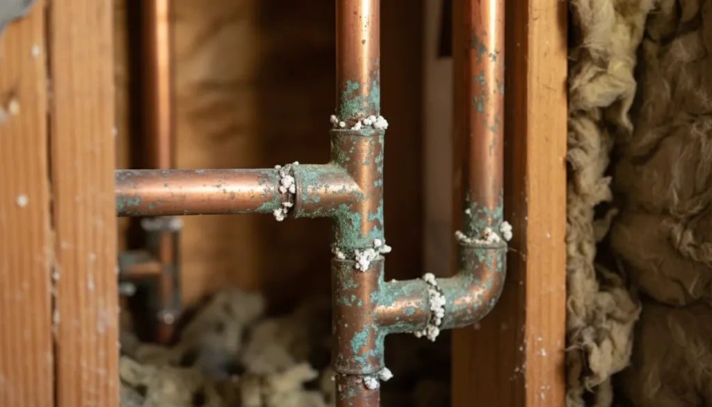 Copper pipe with systemic corrosion at multiple points indicating need for repipe rather than repair