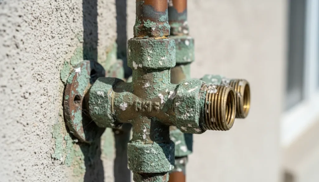 Corroded copper pipe fittings on La Jolla coastal home showing salt air oxidation damage