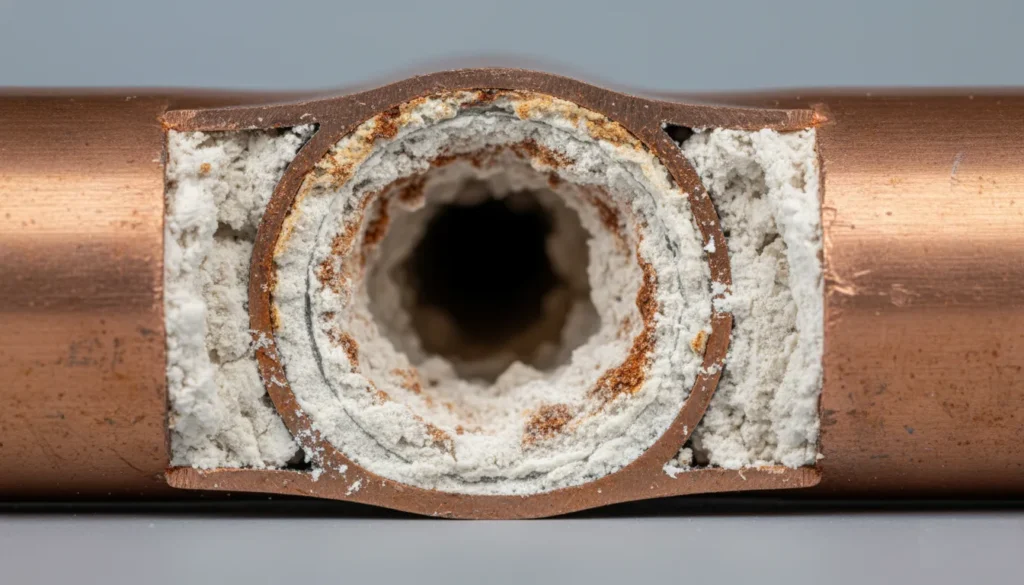Cross-section of copper pipe showing hard water mineral scale buildup common in Rancho Bernardo homes