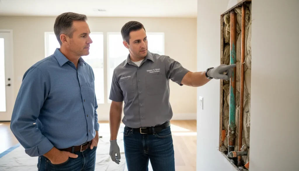 Homeowner and plumber discussing pipe repair versus repipe decision in San Diego home