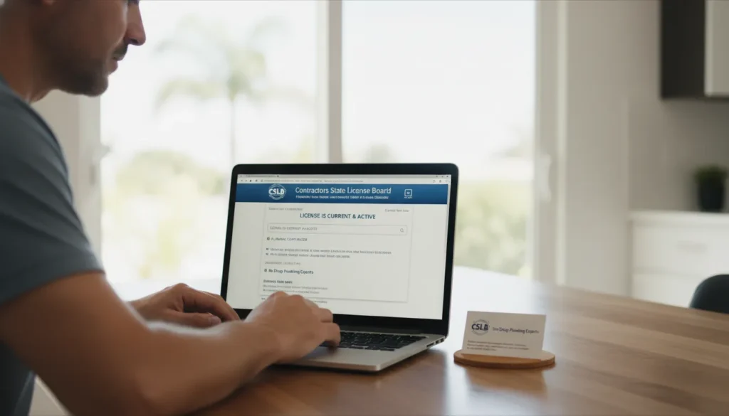Homeowner verifying plumber's C-36 license on CSLB website before hiring San Diego repipe company