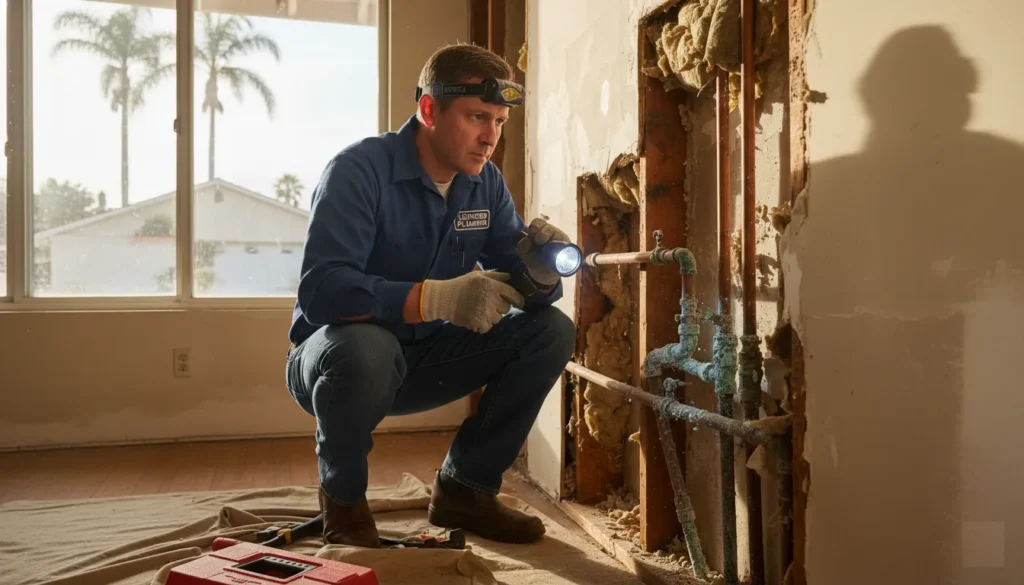 Licensed plumber inspecting corroded copper pipes in a Rancho Bernardo home during repipe assessment