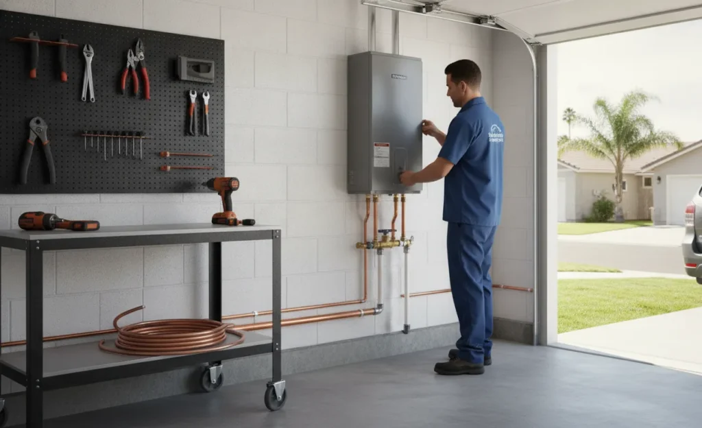 Licensed plumber installing a tankless water heater in a San Diego home garage