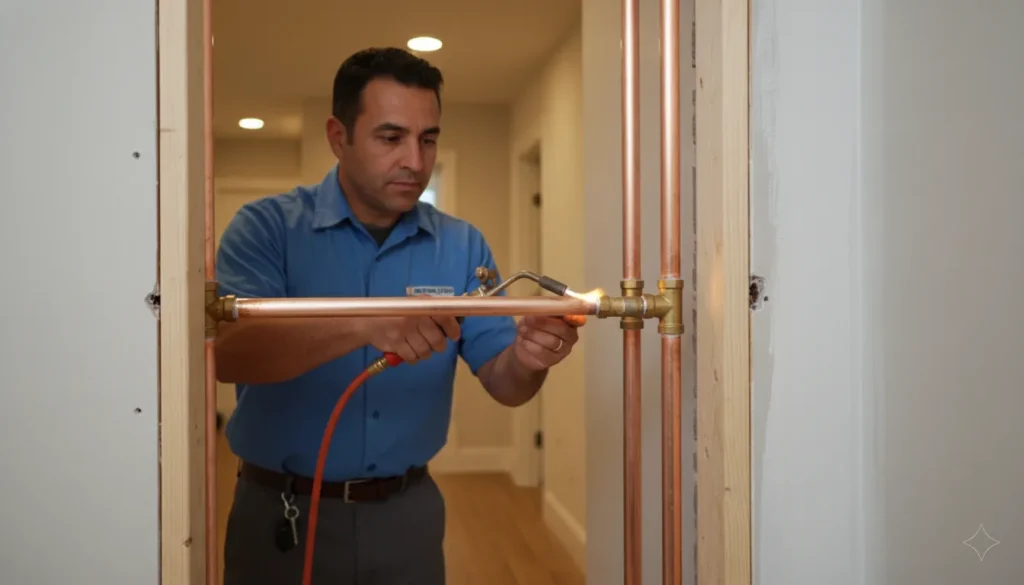 Licensed plumber installing new copper pipe during whole house repipe in La Jolla home