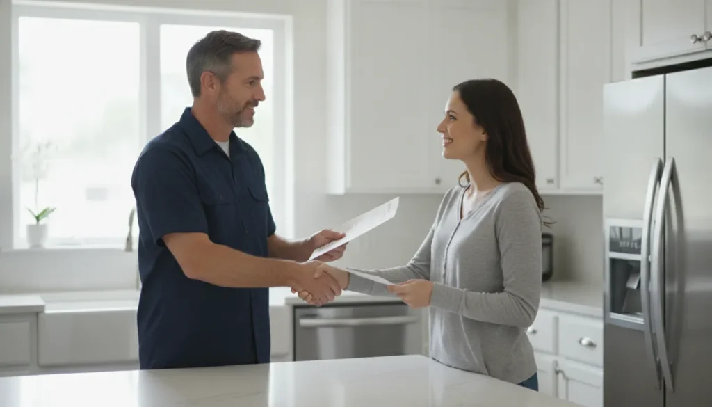 Plumber reviewing PEX warranty paperwork with San Diego homeowner