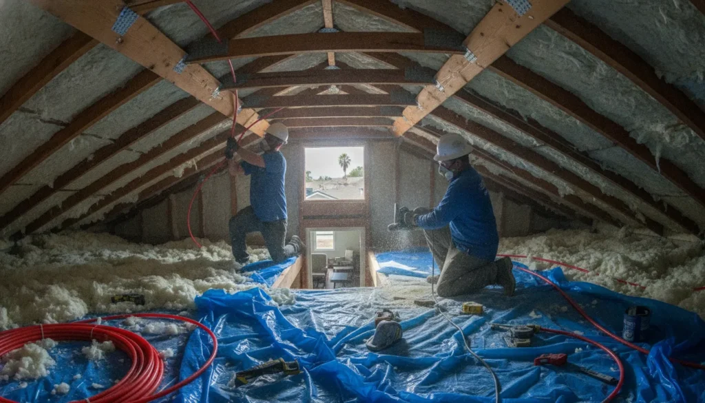 Professional repipe crew working in San Diego home attic with floor protection during whole house repipe