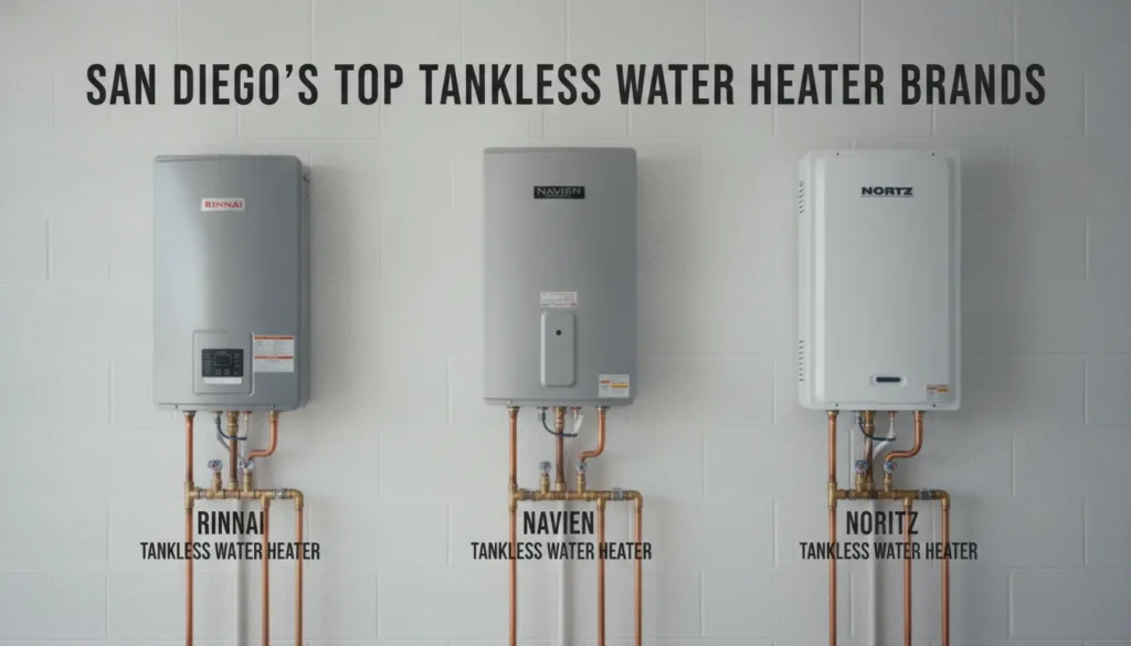 Top tankless water heater brands Rinnai Navien Noritz installed in San Diego