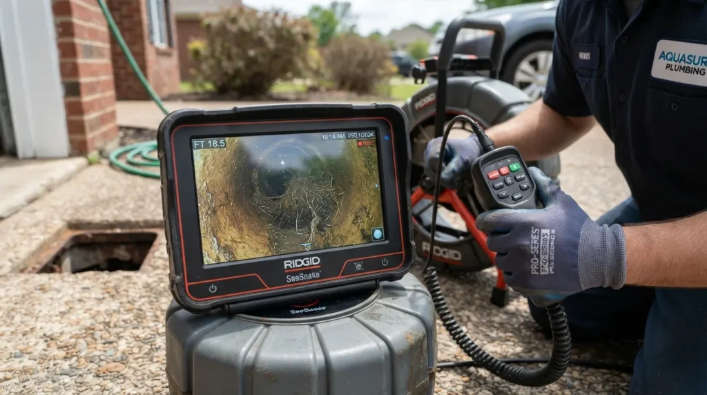 Camera inspection showing tree root intrusion in a Poway sewer line