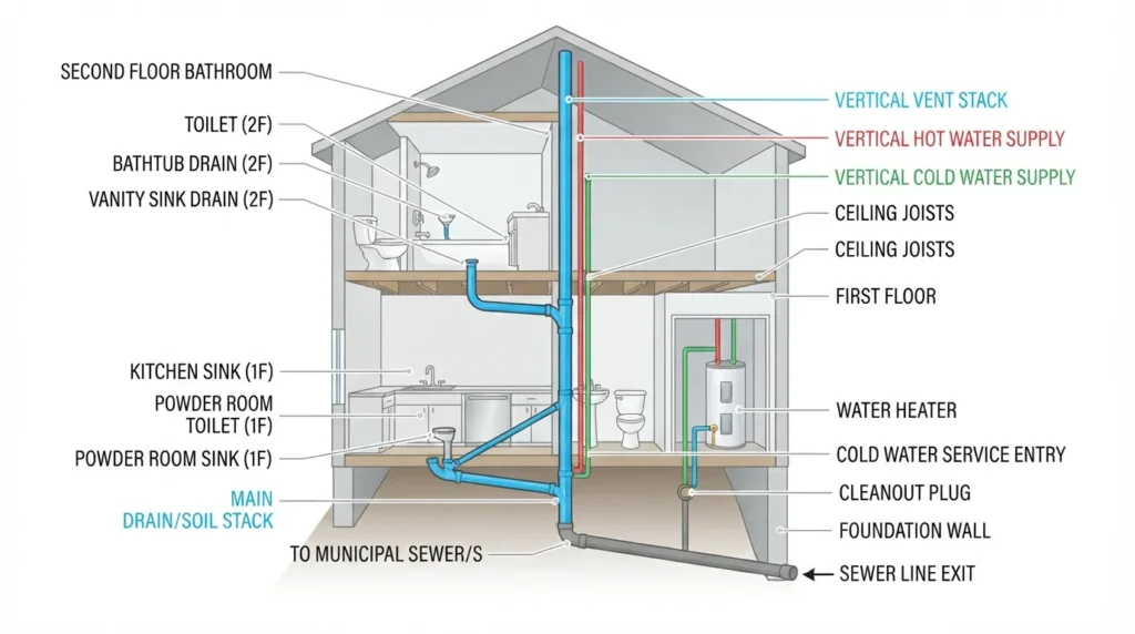 Diagram of vertical pipe routing in a two-story Scripps Ranch home repipe