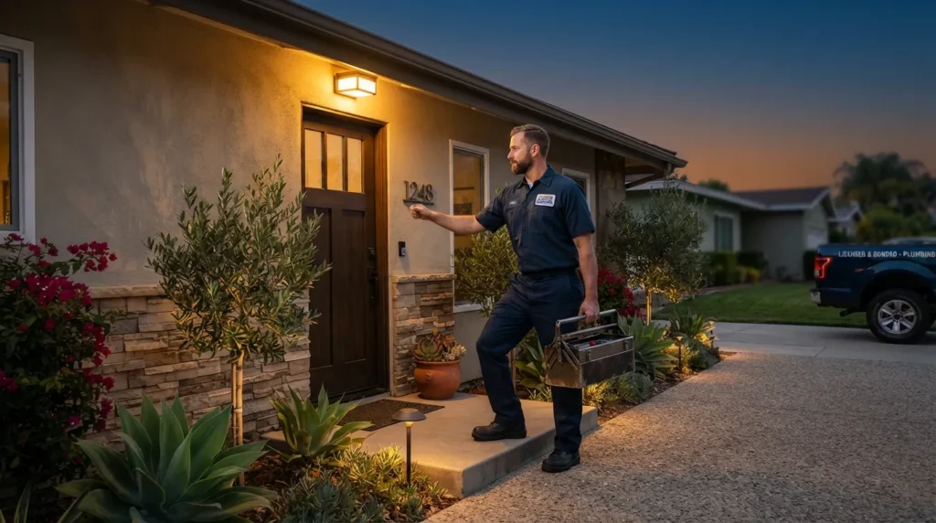 Emergency plumber arriving at a Carmel Mountain Ranch home for a burst pipe call
