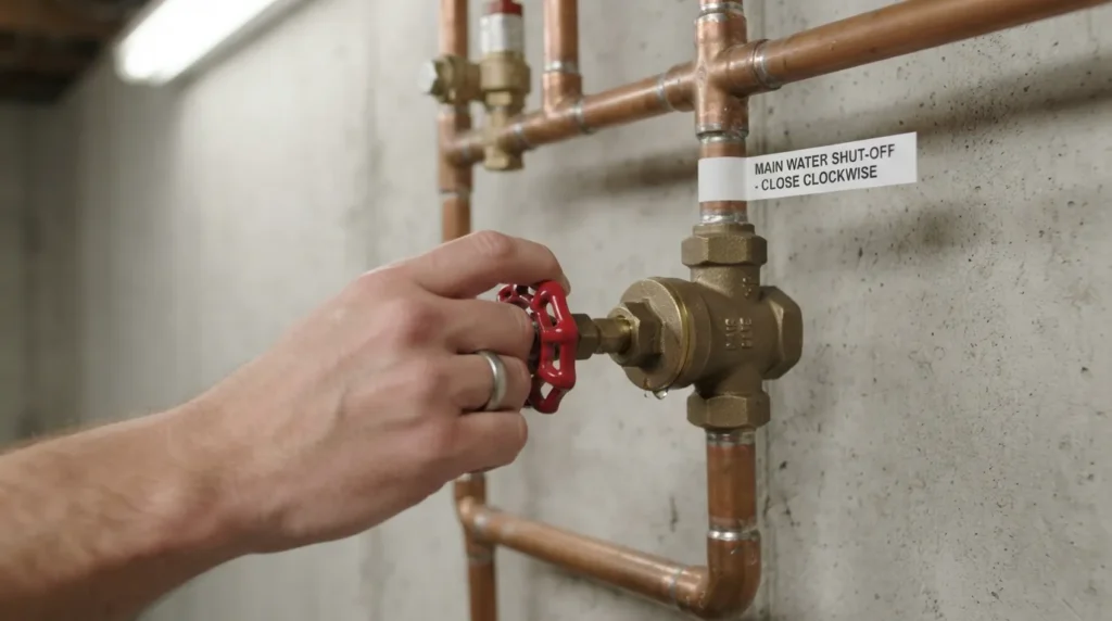 Homeowner shutting off the main water valve during a pipe burst emergency