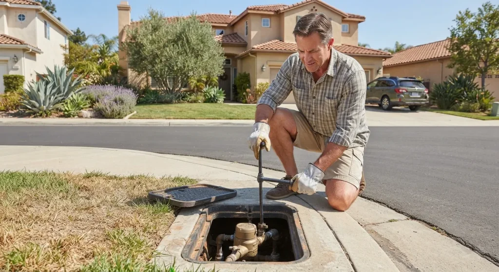 Homeowner shutting off the main water valve during a plumbing emergency