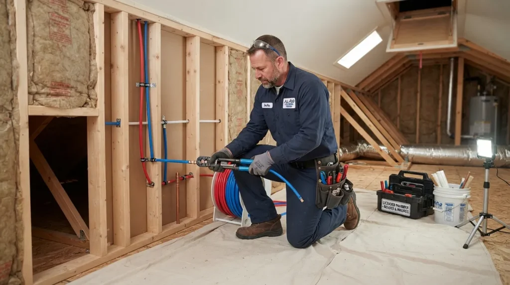 Licensed plumber installing PEX piping during a whole house repipe in Rancho Peñasquitos