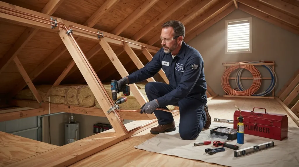 Plumber rerouting pipe through the attic during a slab leak repair in Rancho Bernardo