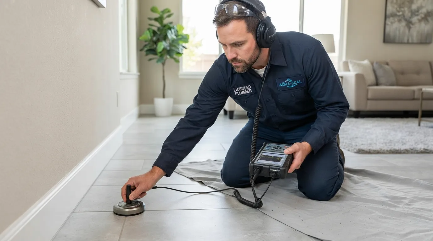 Plumber using sonic leak detection equipment in a Scripps Ranch home