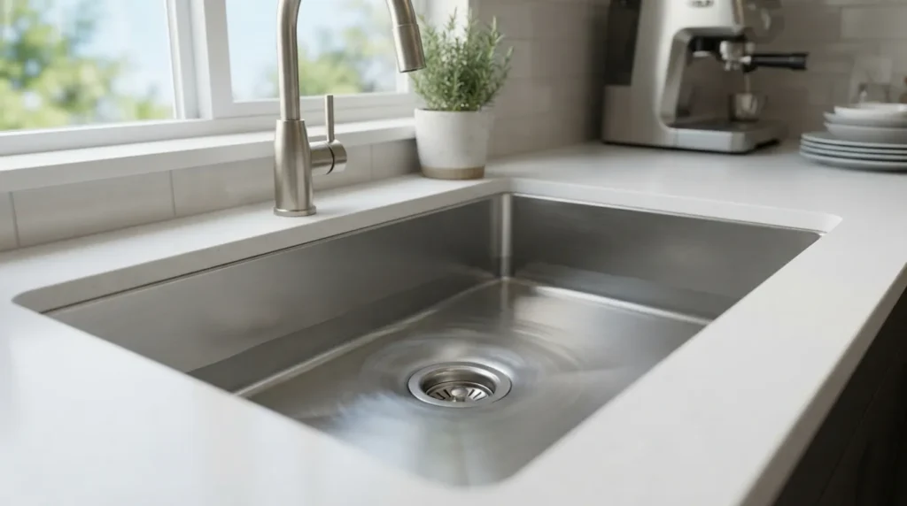 Slow draining kitchen sink signaling a recurring clog in a Poway home