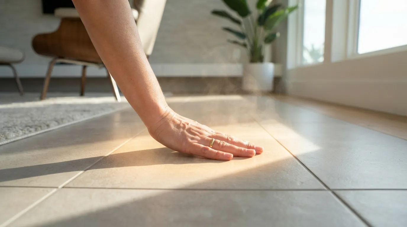 Warm spot on tile floor indicating a possible slab leak in a Scripps Ranch home
