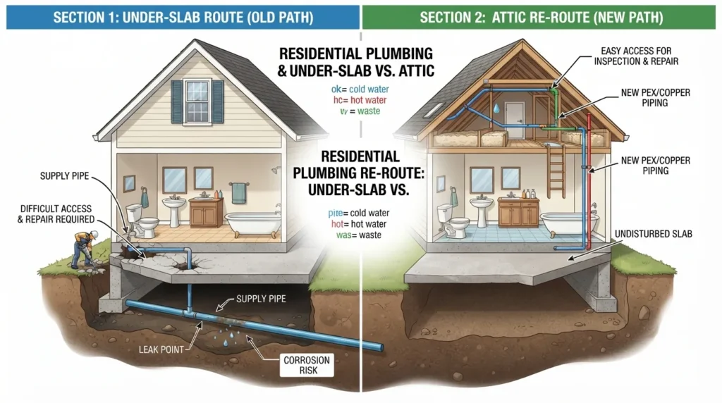 Diagram comparing an under-slab pipe route to a rerouted attic pipe path